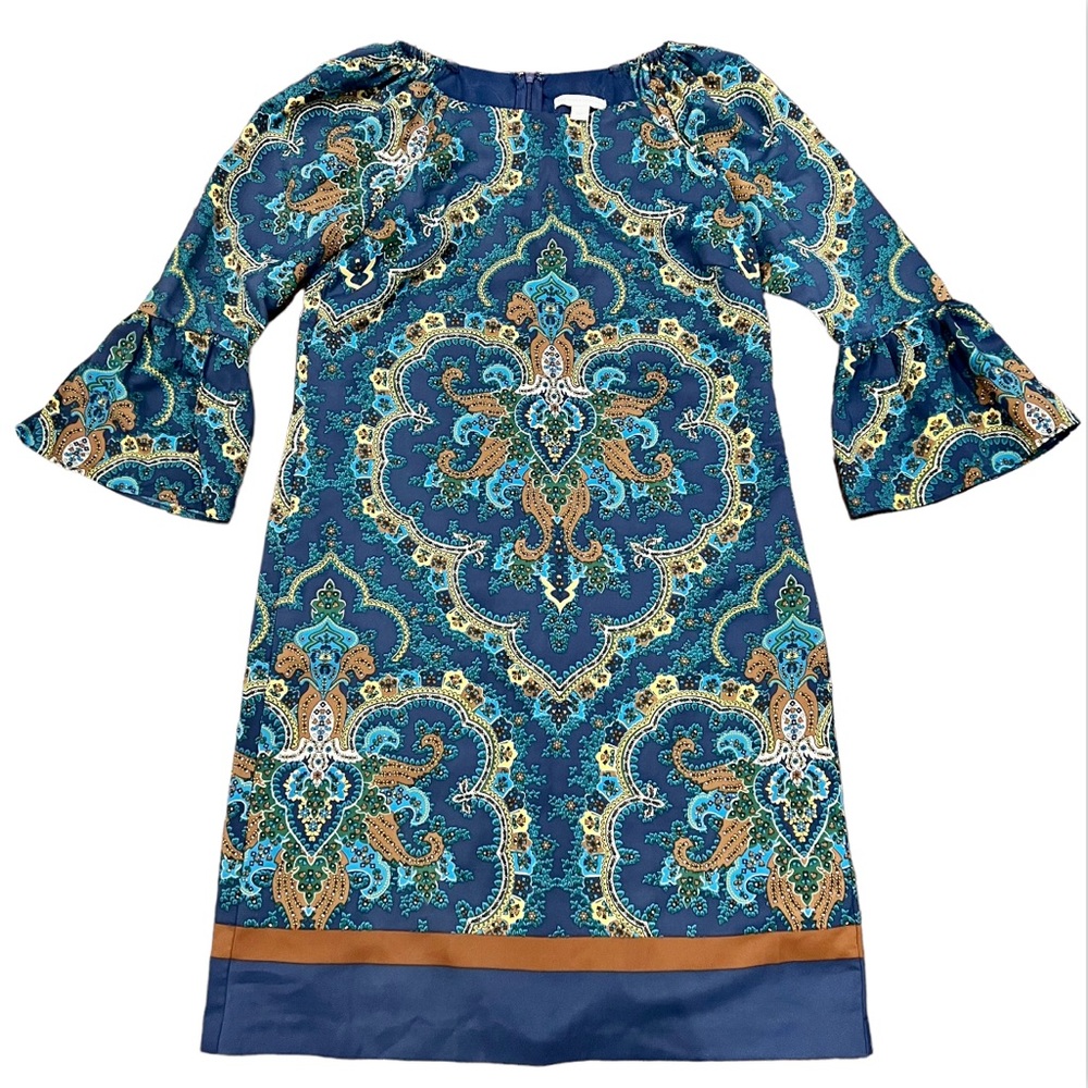 New York & Company Blue Brown Paisley Shift Bell Sleeve Dress Size Small